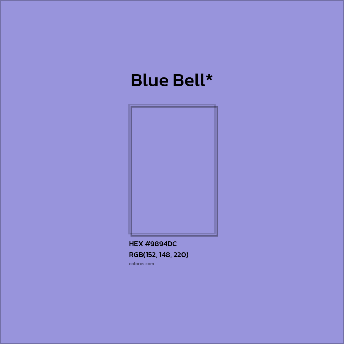 #9894DC hex color. RGB, RYB, CMYK, HSL, HSV codes and color conversions. Matching color names, palettes, paints.
