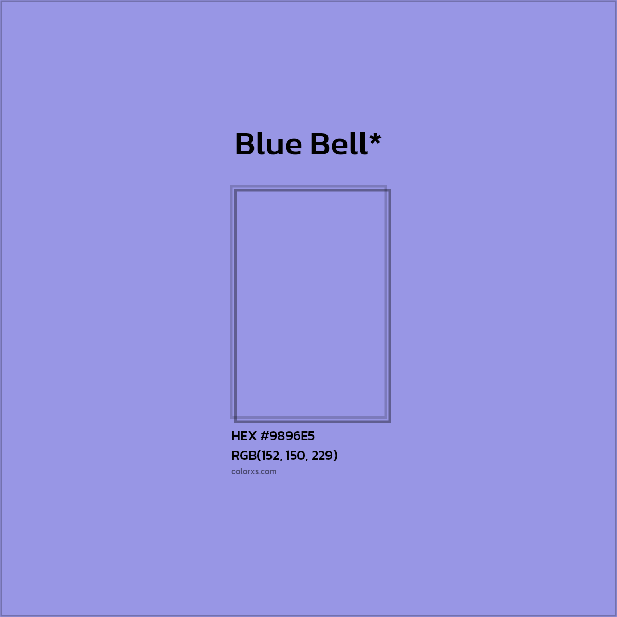 #9896E5 hex color. RGB, RYB, CMYK, HSL, HSV codes and color conversions. Matching color names, palettes, paints.