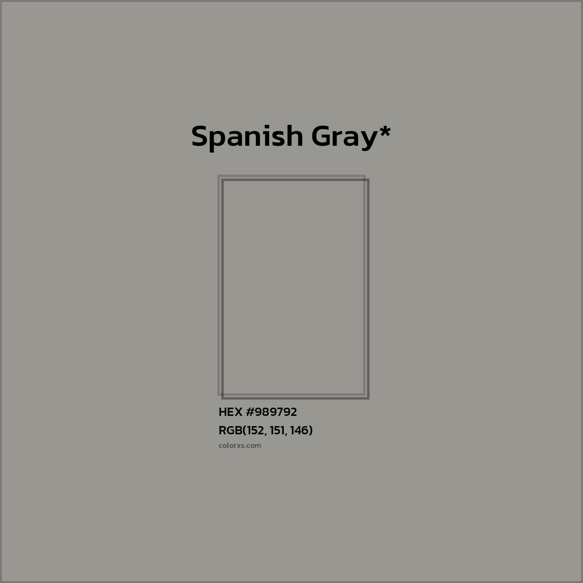 #989792 hex color. RGB, RYB, CMYK, HSL, HSV codes and color conversions. Matching color names, palettes, paints.