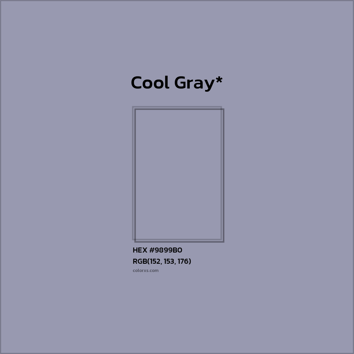 #9899B0 hex color. RGB, RYB, CMYK, HSL, HSV codes and color conversions. Matching color names, palettes, paints.
