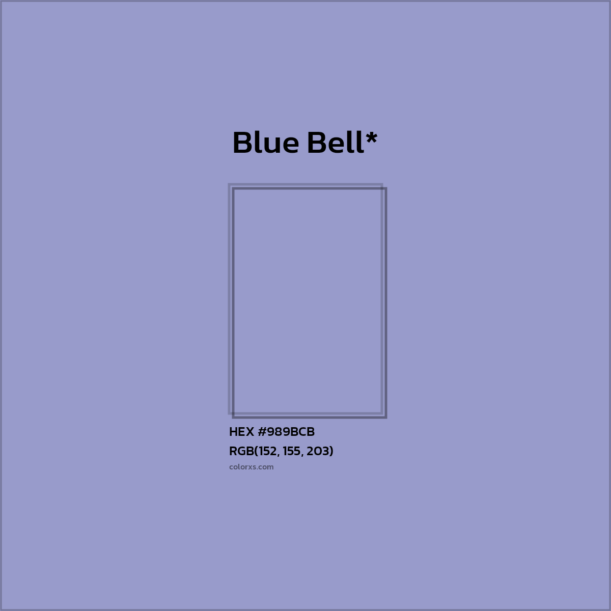 #989BCB hex color. RGB, RYB, CMYK, HSL, HSV codes and color conversions. Matching color names, palettes, paints.