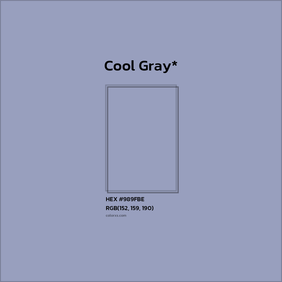 #989FBE hex color. RGB, RYB, CMYK, HSL, HSV codes and color conversions. Matching color names, palettes, paints.