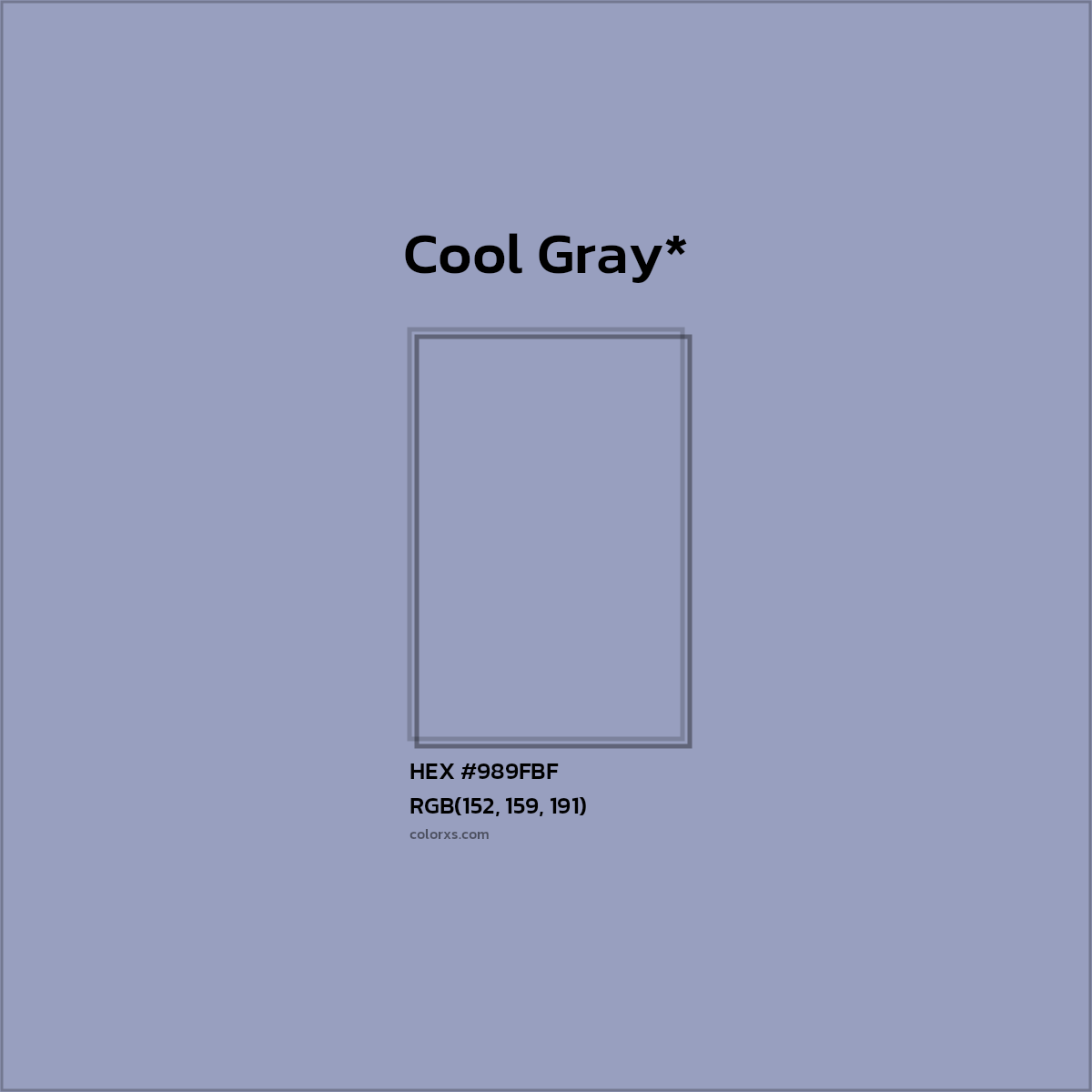 #989FBF hex color. RGB, RYB, CMYK, HSL, HSV codes and color conversions. Matching color names, palettes, paints.