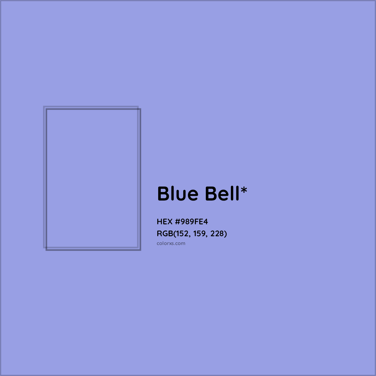 #989FE4 hex color. RGB, RYB, CMYK, HSL, HSV codes and color conversions. Matching color names, palettes, paints.