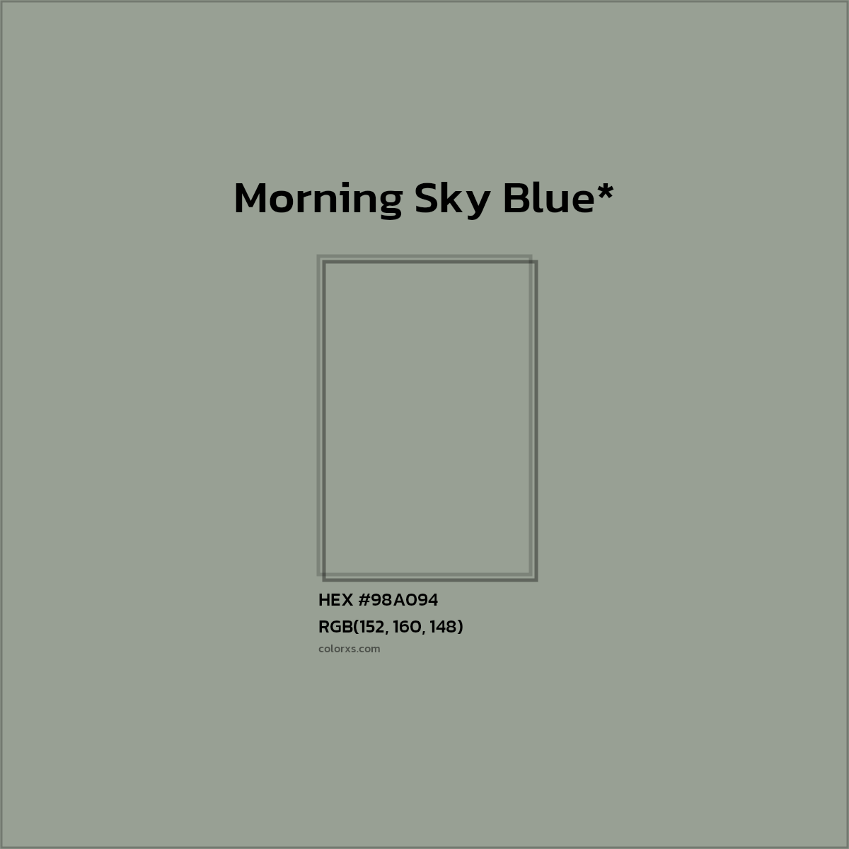 #98A094 hex color. RGB, RYB, CMYK, HSL, HSV codes and color conversions. Matching color names, palettes, paints.