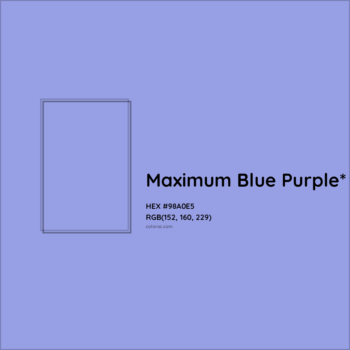 #98A0E5 hex color. RGB, RYB, CMYK, HSL, HSV codes and color conversions. Matching color names, palettes, paints.