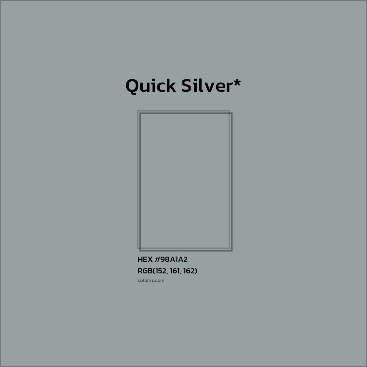 #98A1A2 hex color. RGB, RYB, CMYK, HSL, HSV codes and color conversions. Matching color names, palettes, paints.