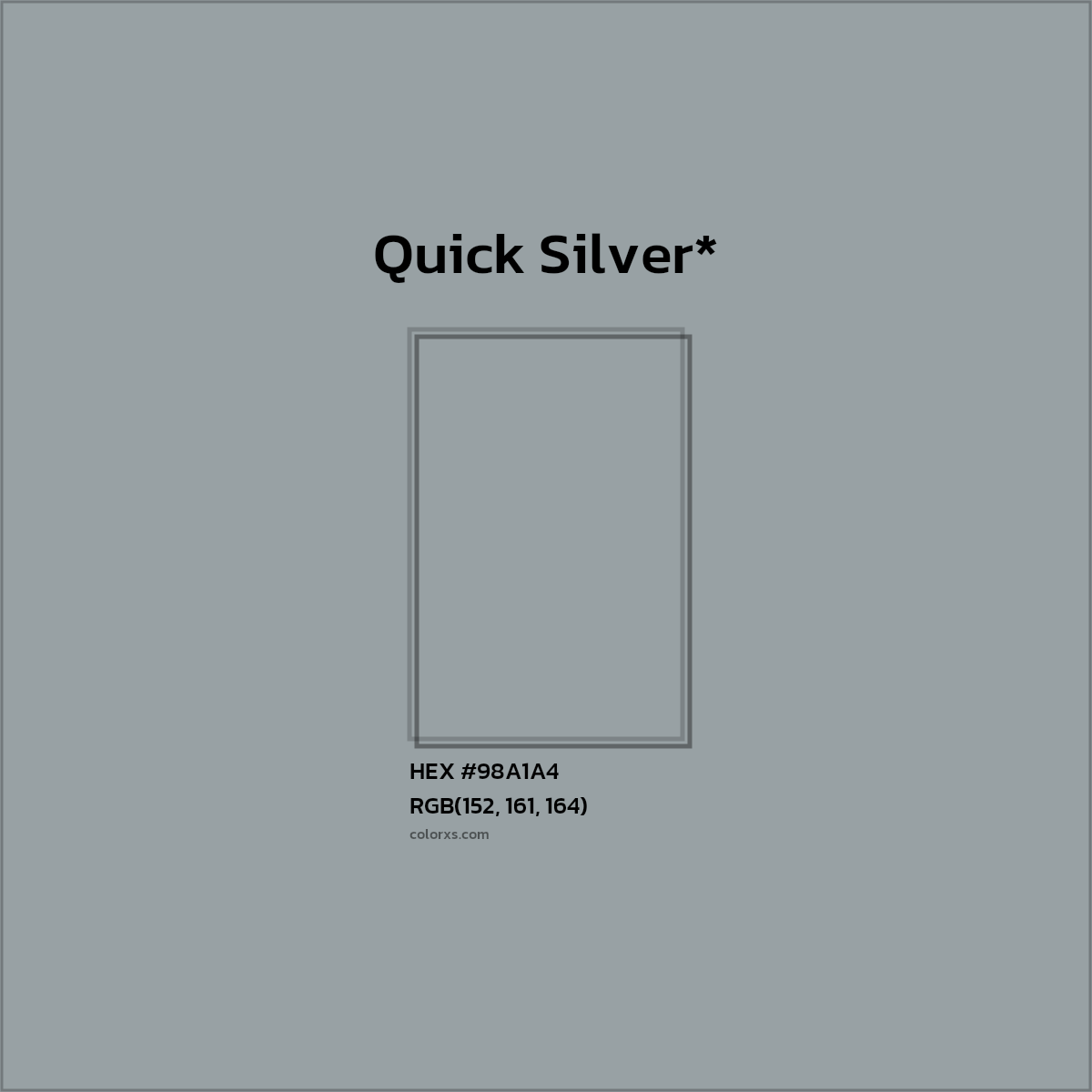 #98A1A4 hex color. RGB, RYB, CMYK, HSL, HSV codes and color conversions. Matching color names, palettes, paints.