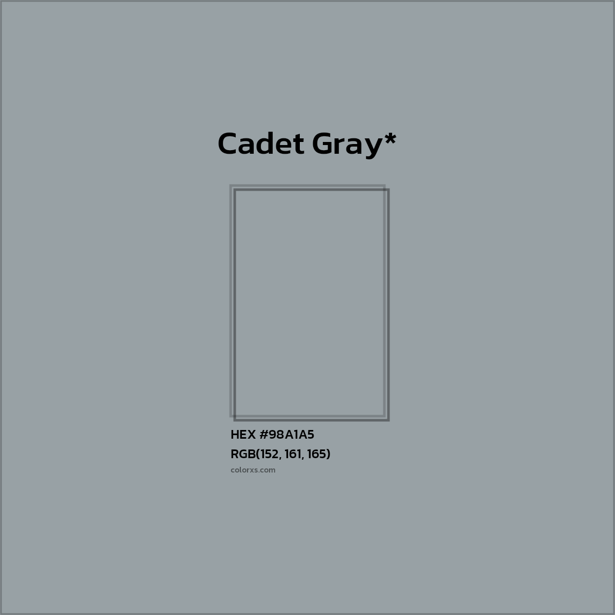 #98A1A5 hex color. RGB, RYB, CMYK, HSL, HSV codes and color conversions. Matching color names, palettes, paints.