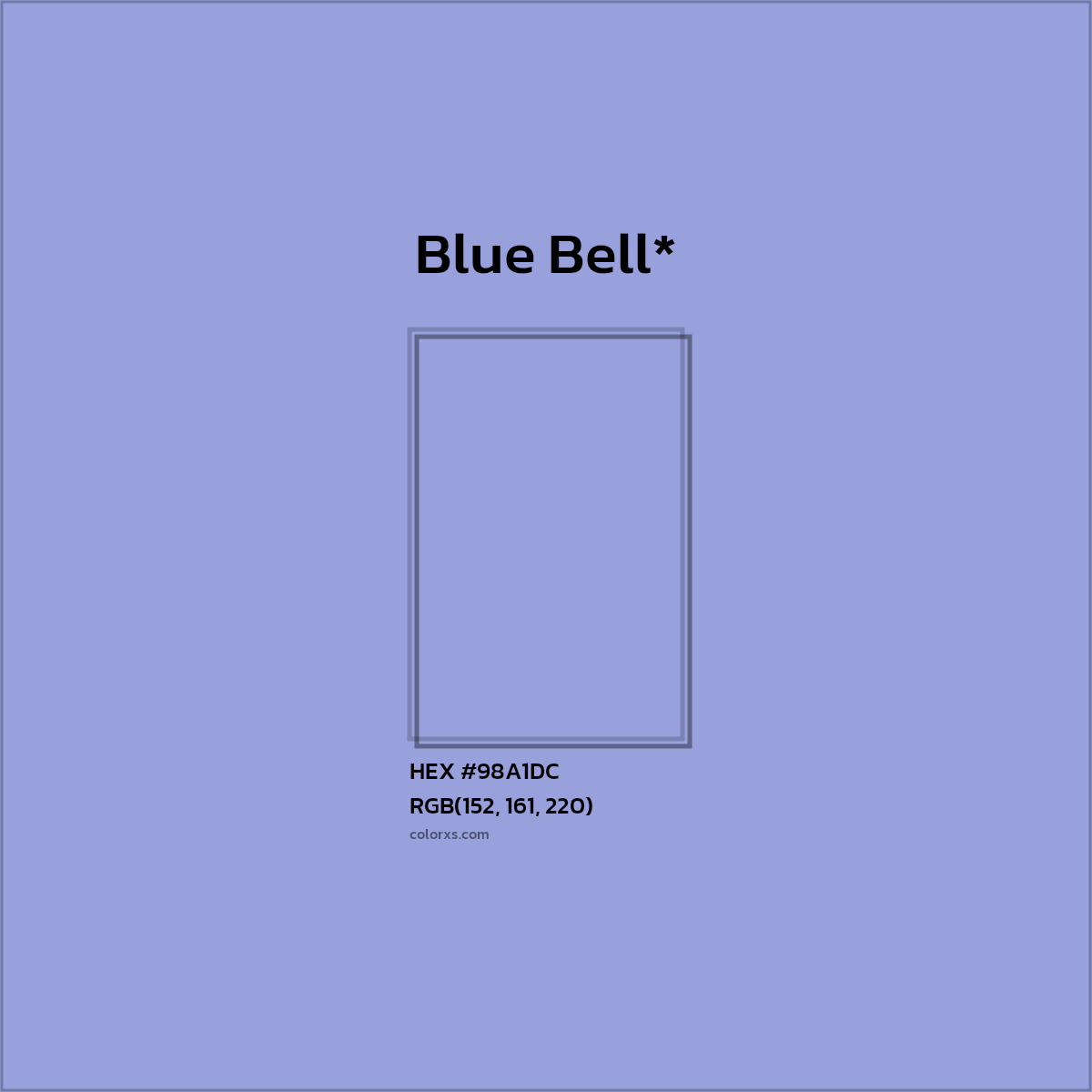 #98A1DC hex color. RGB, RYB, CMYK, HSL, HSV codes and color conversions. Matching color names, palettes, paints.