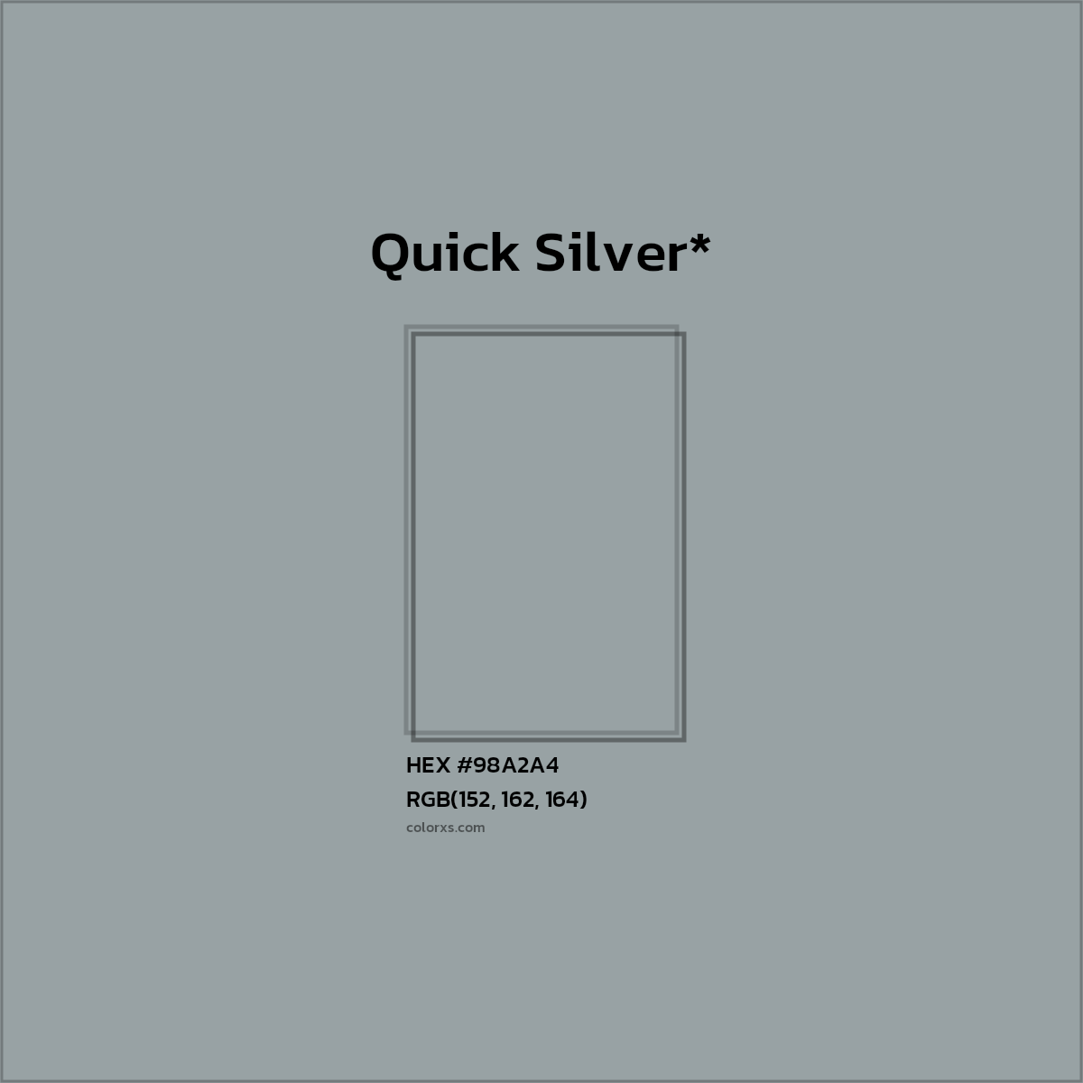 #98A2A4 hex color. RGB, RYB, CMYK, HSL, HSV codes and color conversions. Matching color names, palettes, paints.