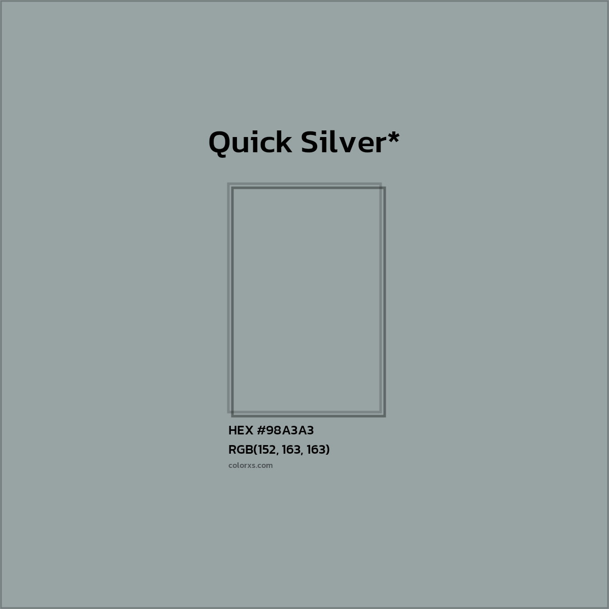 #98A3A3 hex color. RGB, RYB, CMYK, HSL, HSV codes and color conversions. Matching color names, palettes, paints.