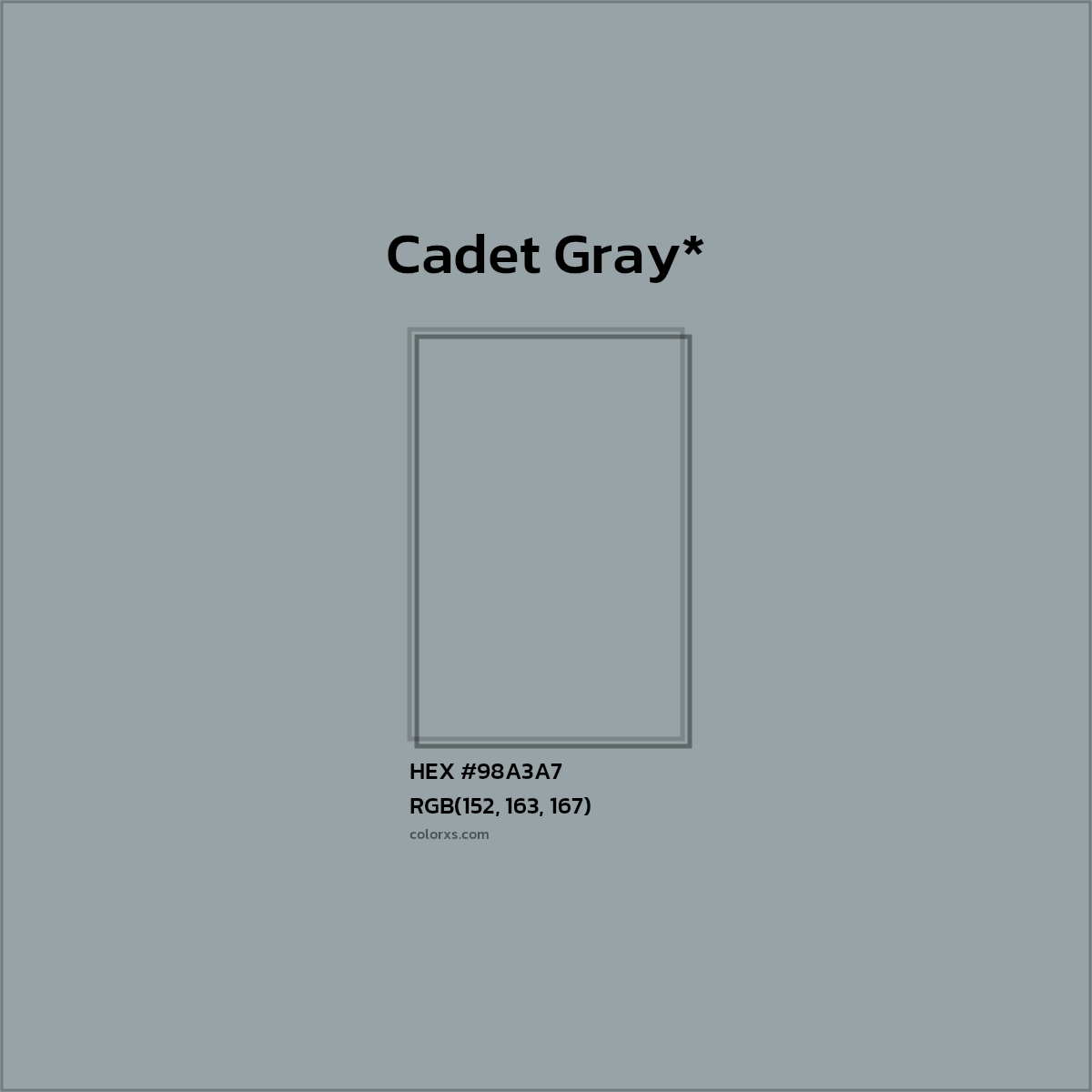 #98A3A7 hex color. RGB, RYB, CMYK, HSL, HSV codes and color conversions. Matching color names, palettes, paints.