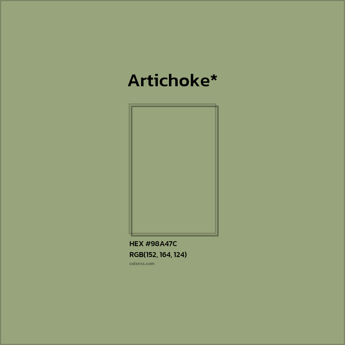 #98A47C hex color. RGB, RYB, CMYK, HSL, HSV codes and color conversions. Matching color names, palettes, paints.