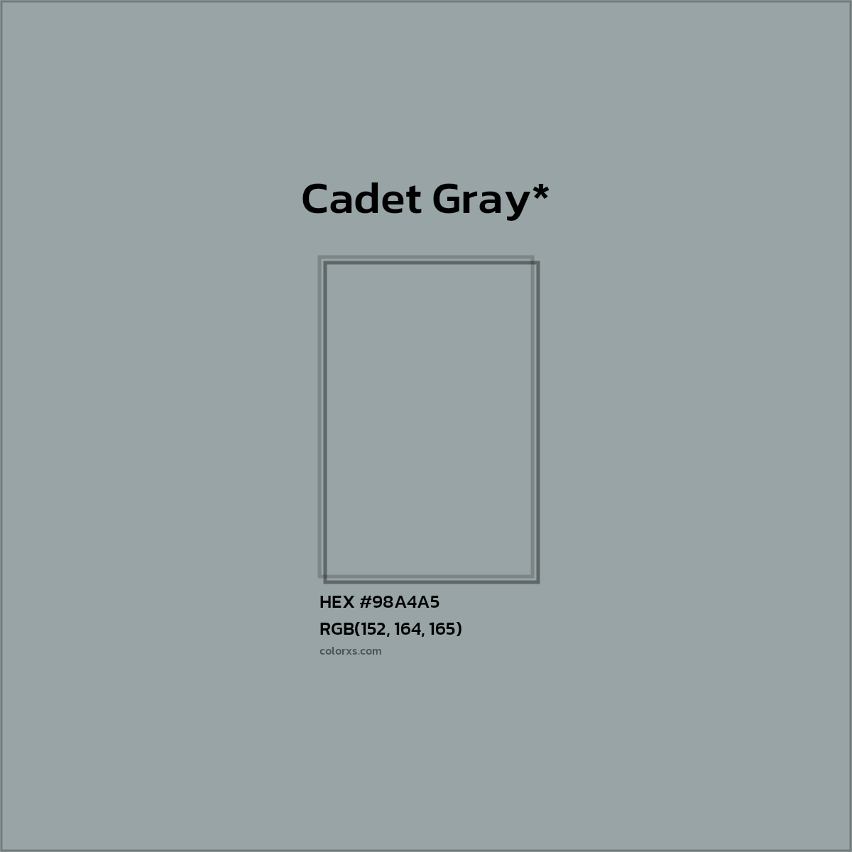 #98A4A5 hex color. RGB, RYB, CMYK, HSL, HSV codes and color conversions. Matching color names, palettes, paints.