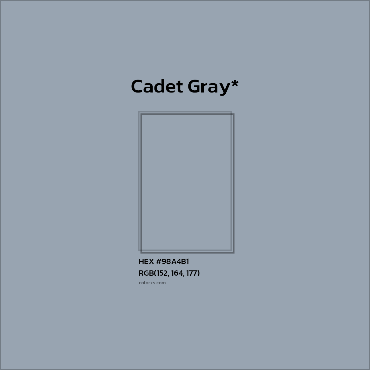 #98A4B1 hex color. RGB, RYB, CMYK, HSL, HSV codes and color conversions. Matching color names, palettes, paints.