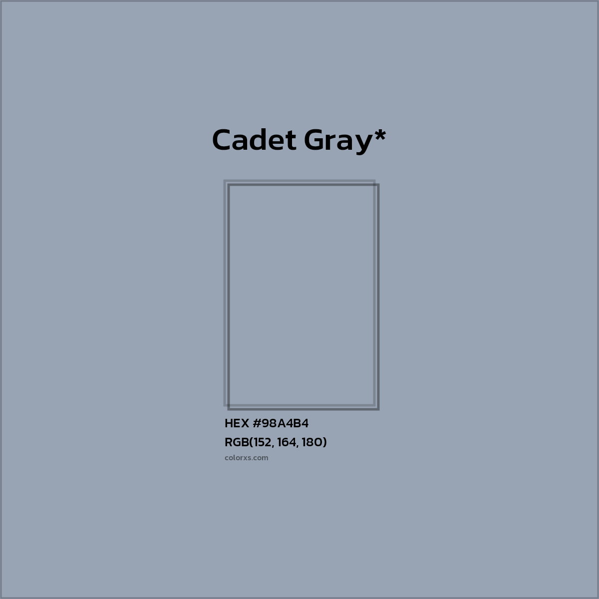 #98A4B4 hex color. RGB, RYB, CMYK, HSL, HSV codes and color conversions. Matching color names, palettes, paints.