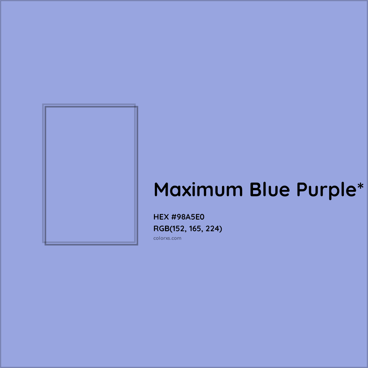 #98A5E0 hex color. RGB, RYB, CMYK, HSL, HSV codes and color conversions. Matching color names, palettes, paints.