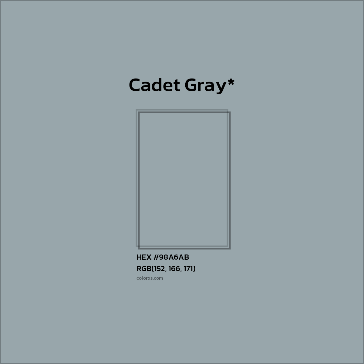 #98A6AB hex color. RGB, RYB, CMYK, HSL, HSV codes and color conversions. Matching color names, palettes, paints.