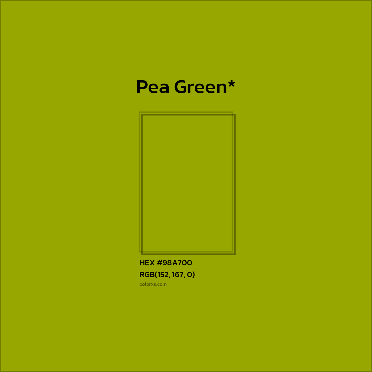 #98A700 hex color. RGB, RYB, CMYK, HSL, HSV codes and color conversions. Matching color names, palettes, paints.