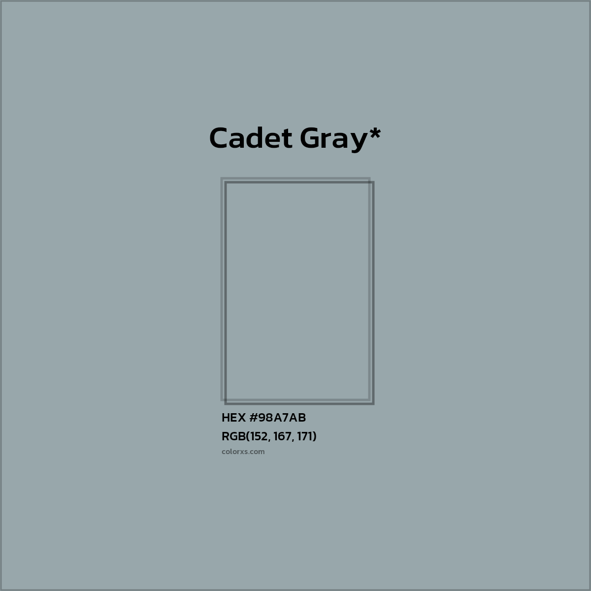 #98A7AB hex color. RGB, RYB, CMYK, HSL, HSV codes and color conversions. Matching color names, palettes, paints.