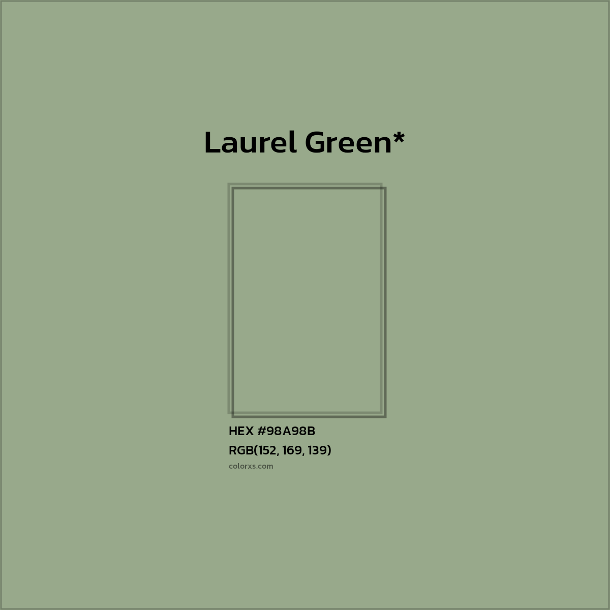 #98A98B hex color. RGB, RYB, CMYK, HSL, HSV codes and color conversions. Matching color names, palettes, paints.