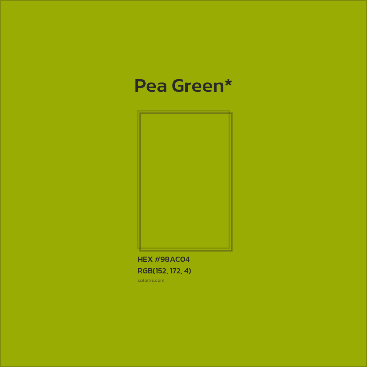#98AC04 hex color. RGB, RYB, CMYK, HSL, HSV codes and color conversions. Matching color names, palettes, paints.