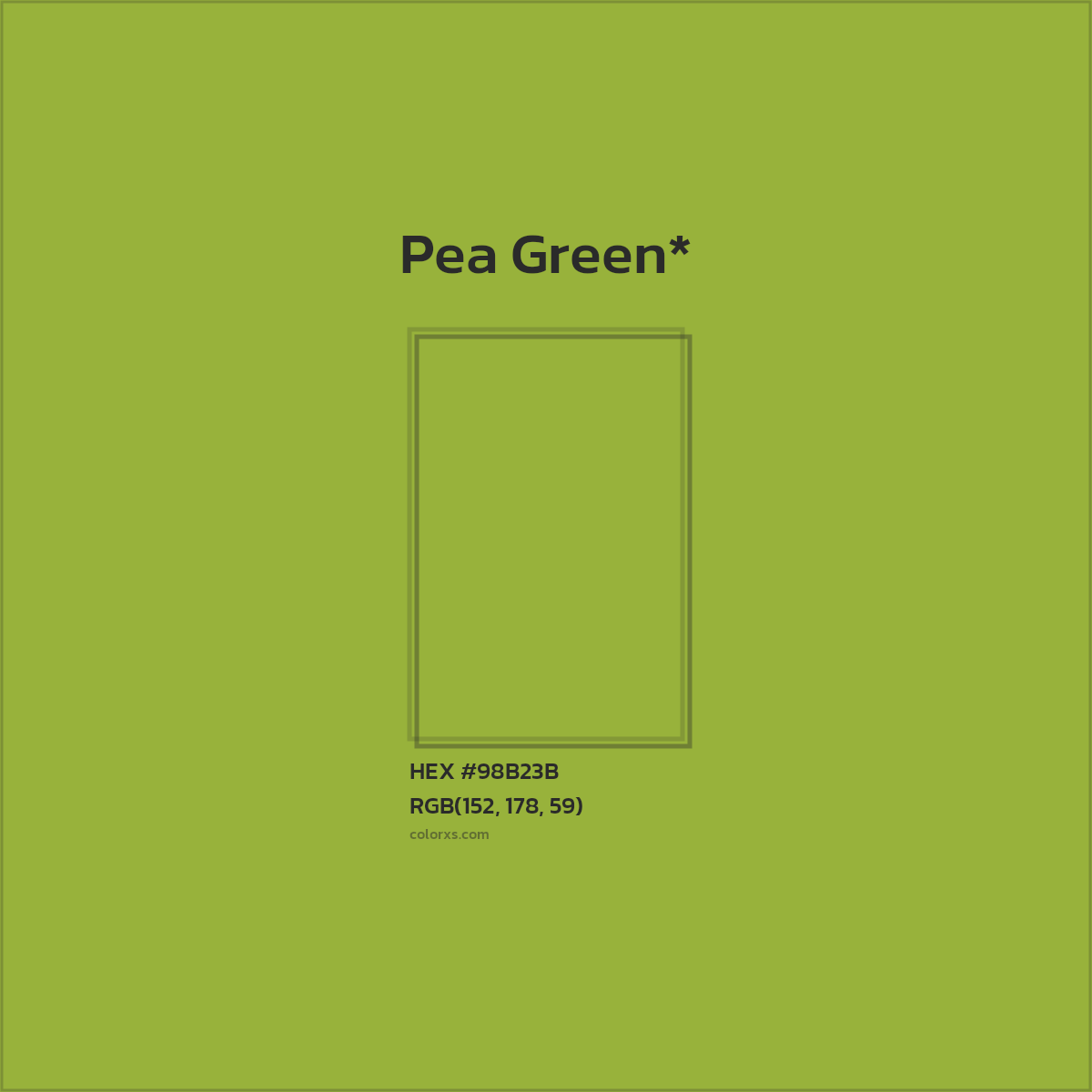 #98B23B hex color. RGB, RYB, CMYK, HSL, HSV codes and color conversions. Matching color names, palettes, paints.