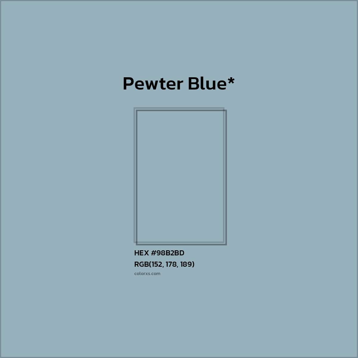 #98B2BD hex color. RGB, RYB, CMYK, HSL, HSV codes and color conversions. Matching color names, palettes, paints.