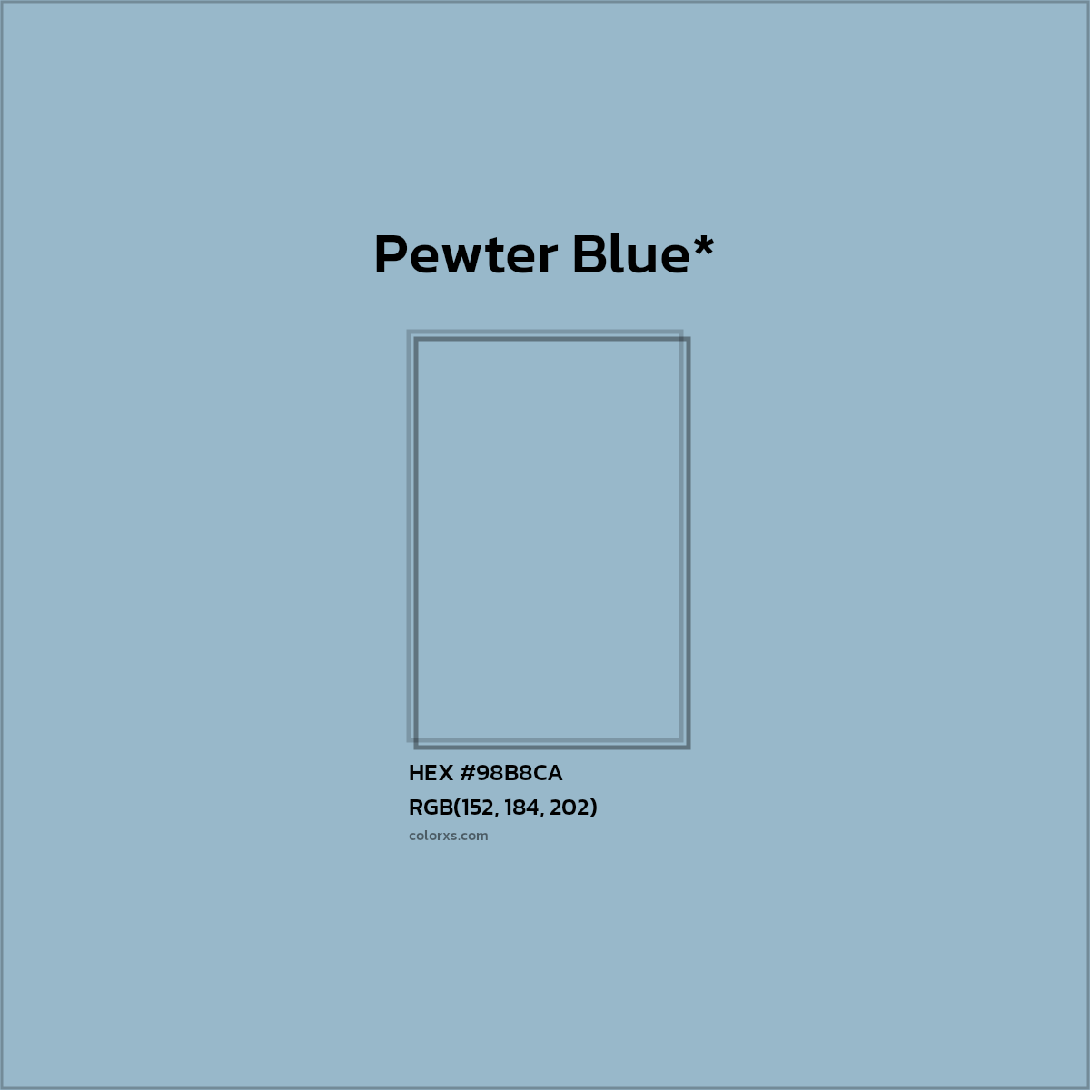 #98B8CA hex color. RGB, RYB, CMYK, HSL, HSV codes and color conversions. Matching color names, palettes, paints.
