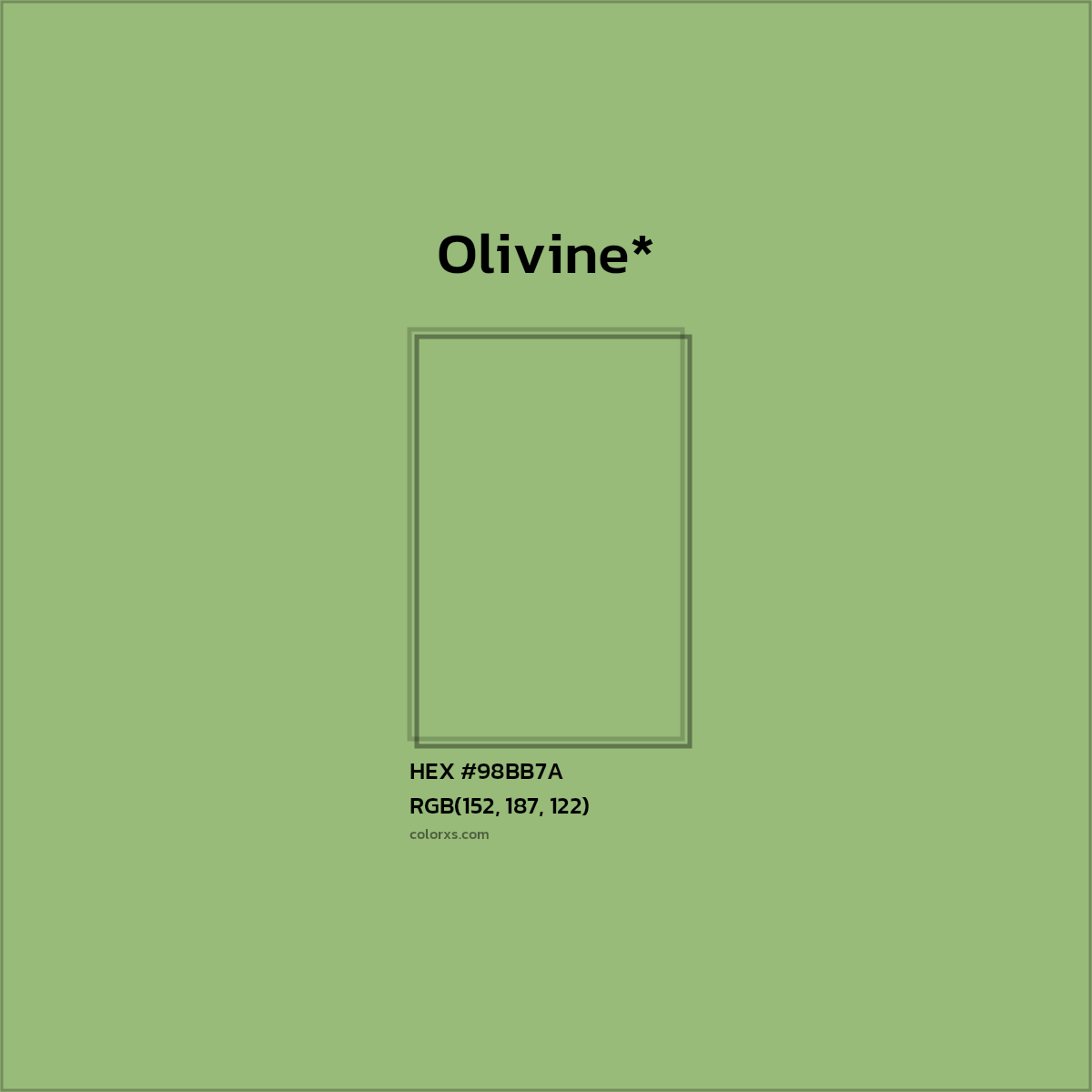 #98BB7A hex color. RGB, RYB, CMYK, HSL, HSV codes and color conversions. Matching color names, palettes, paints.