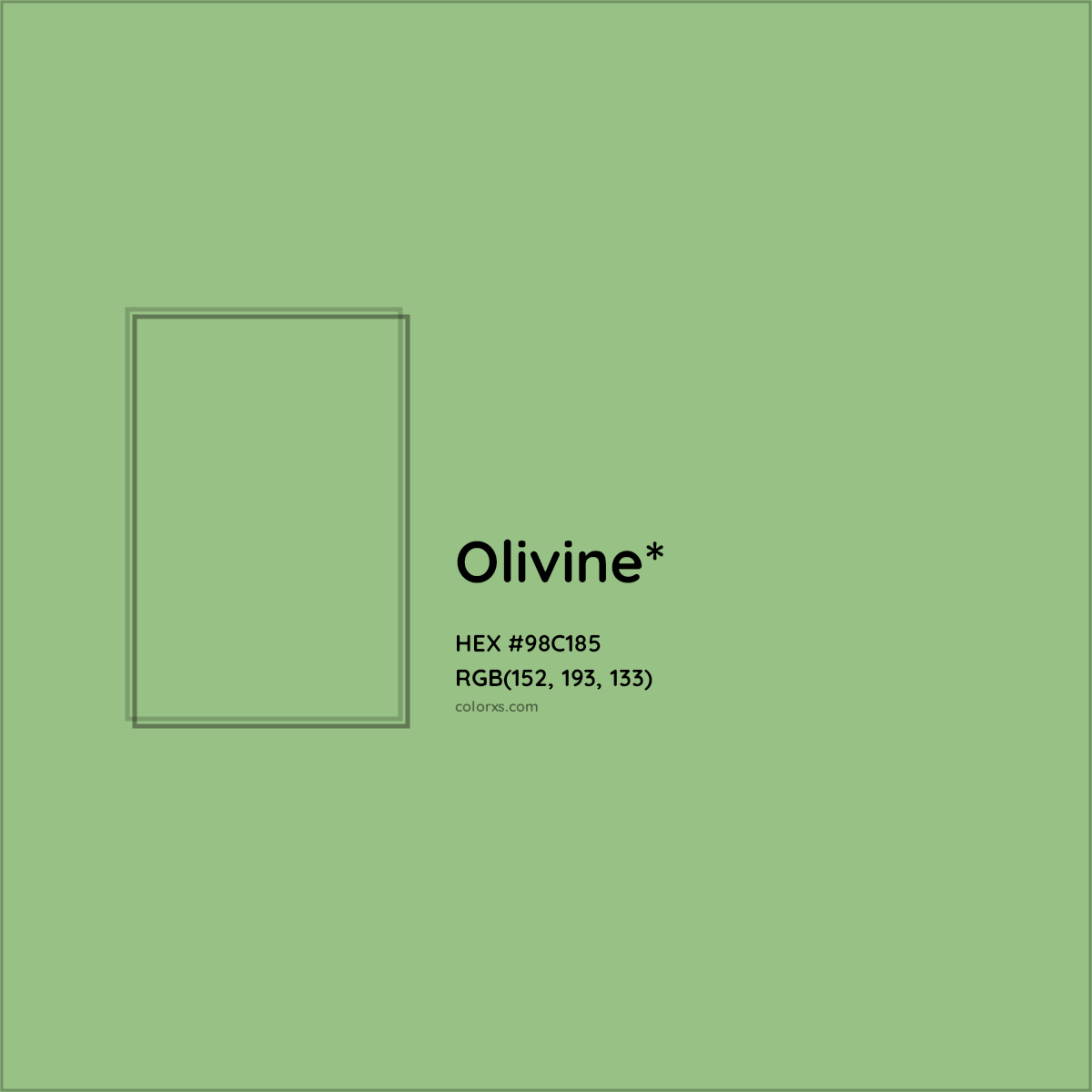 #98C185 hex color. RGB, RYB, CMYK, HSL, HSV codes and color conversions. Matching color names, palettes, paints.