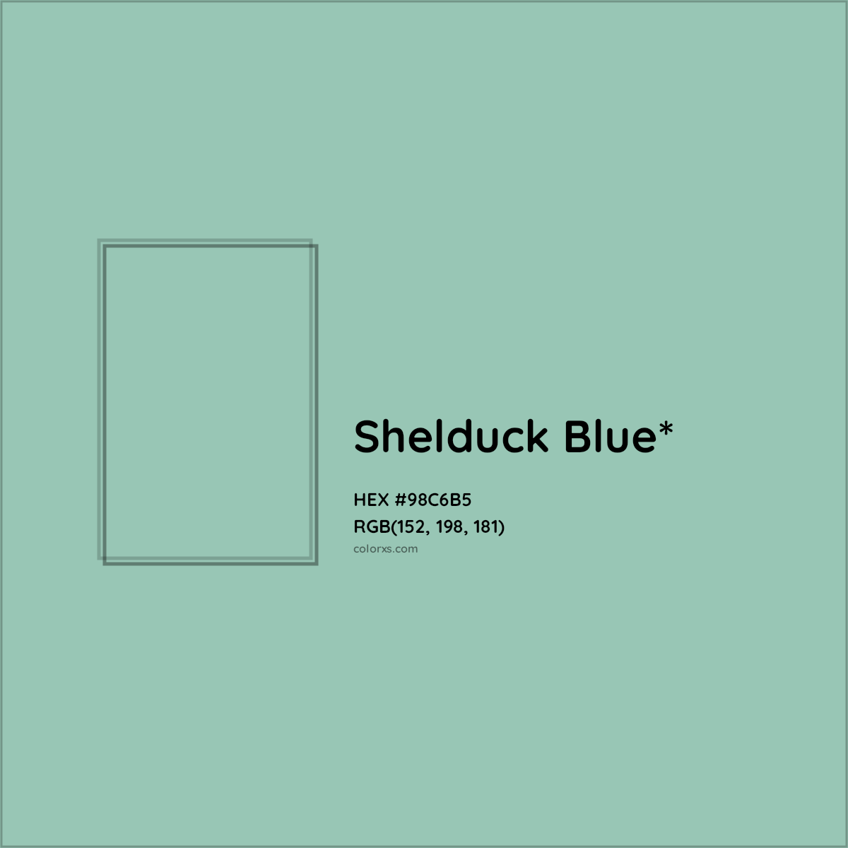 #98C6B5 hex color. RGB, RYB, CMYK, HSL, HSV codes and color conversions. Matching color names, palettes, paints.