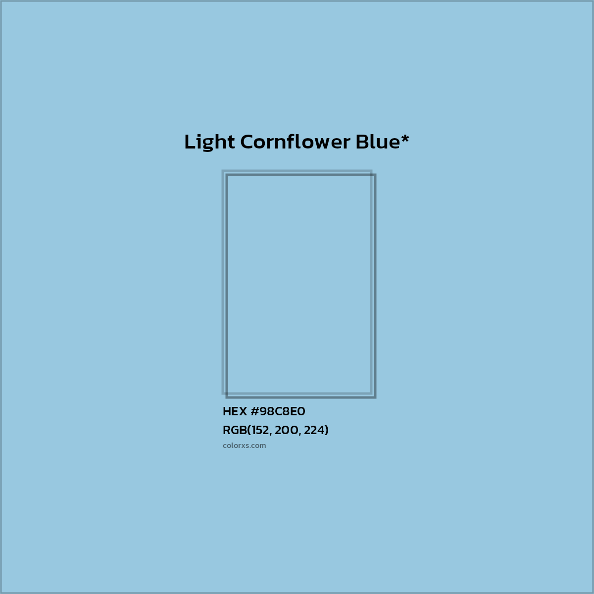 #98C8E0 hex color. RGB, RYB, CMYK, HSL, HSV codes and color conversions. Matching color names, palettes, paints.