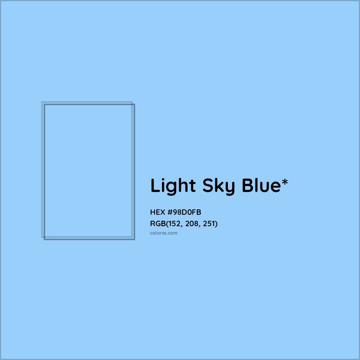 #98D0FB hex color. RGB, RYB, CMYK, HSL, HSV codes and color conversions. Matching color names, palettes, paints.