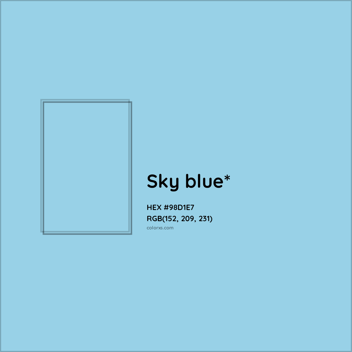 #98D1E7 hex color. RGB, RYB, CMYK, HSL, HSV codes and color conversions. Matching color names, palettes, paints.