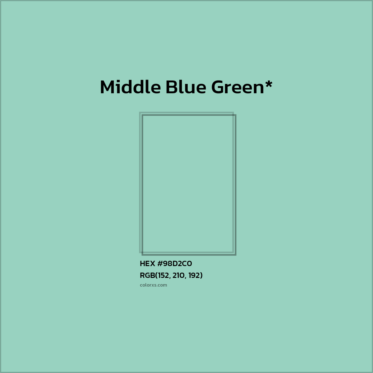 #98D2C0 hex color. RGB, RYB, CMYK, HSL, HSV codes and color conversions. Matching color names, palettes, paints.