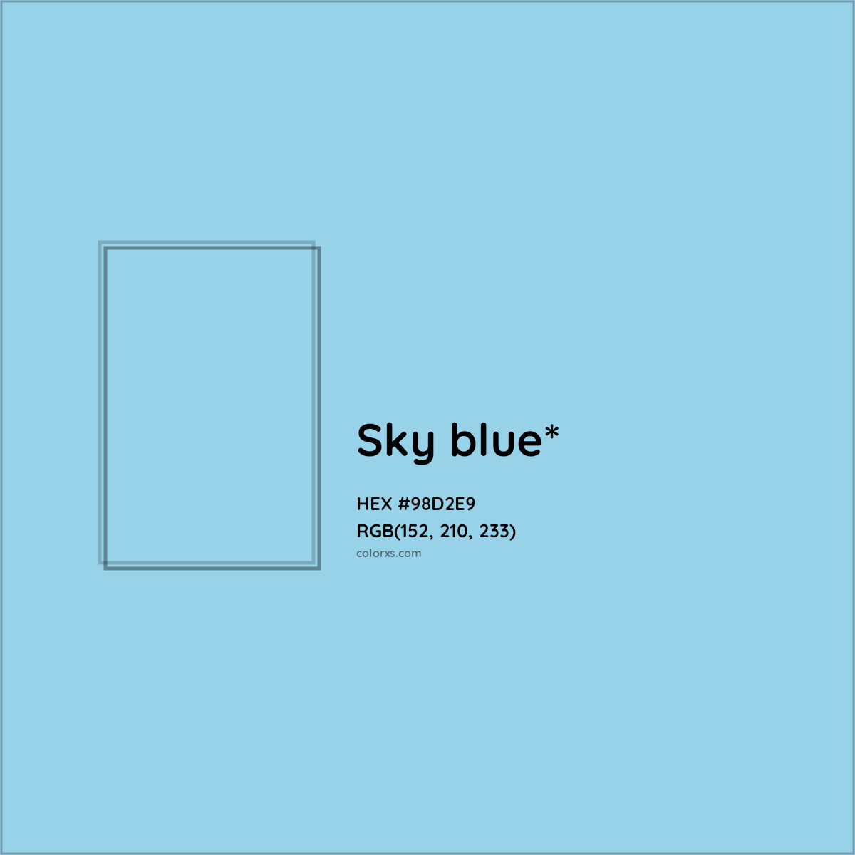 #98D2E9 hex color. RGB, RYB, CMYK, HSL, HSV codes and color conversions. Matching color names, palettes, paints.