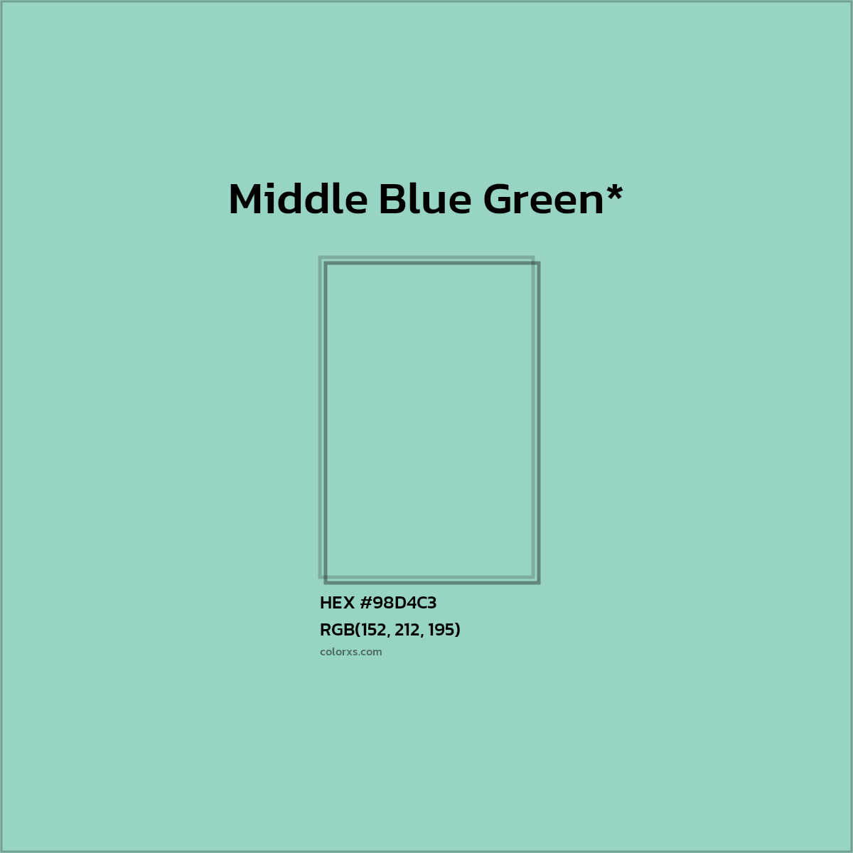 #98D4C3 hex color. RGB, RYB, CMYK, HSL, HSV codes and color conversions. Matching color names, palettes, paints.