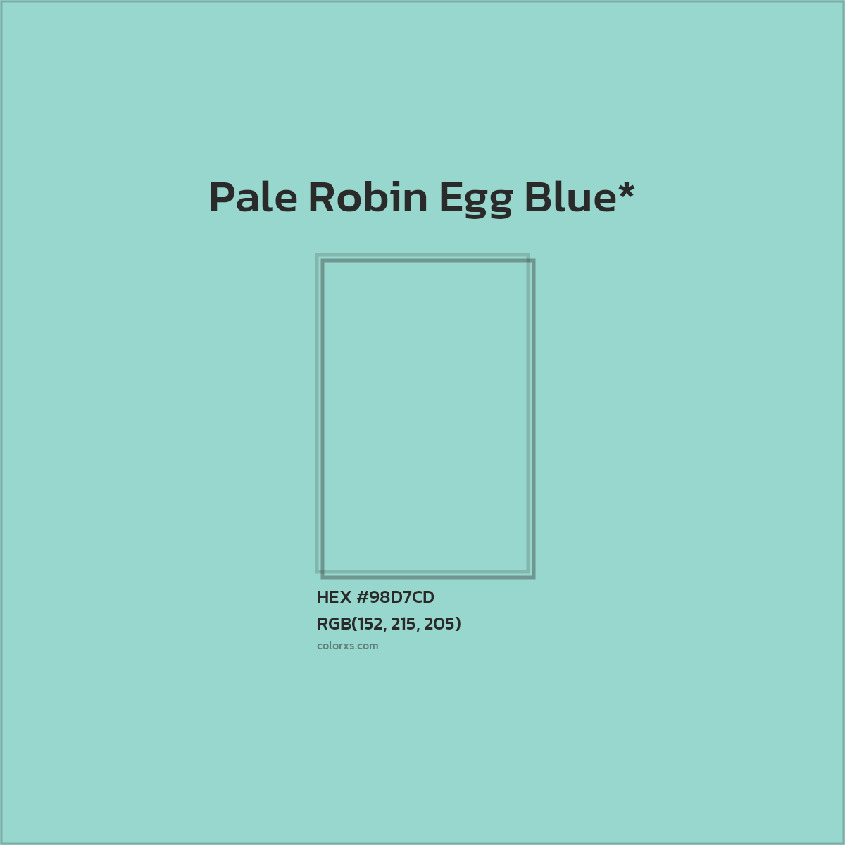 #98D7CD hex color. RGB, RYB, CMYK, HSL, HSV codes and color conversions. Matching color names, palettes, paints.