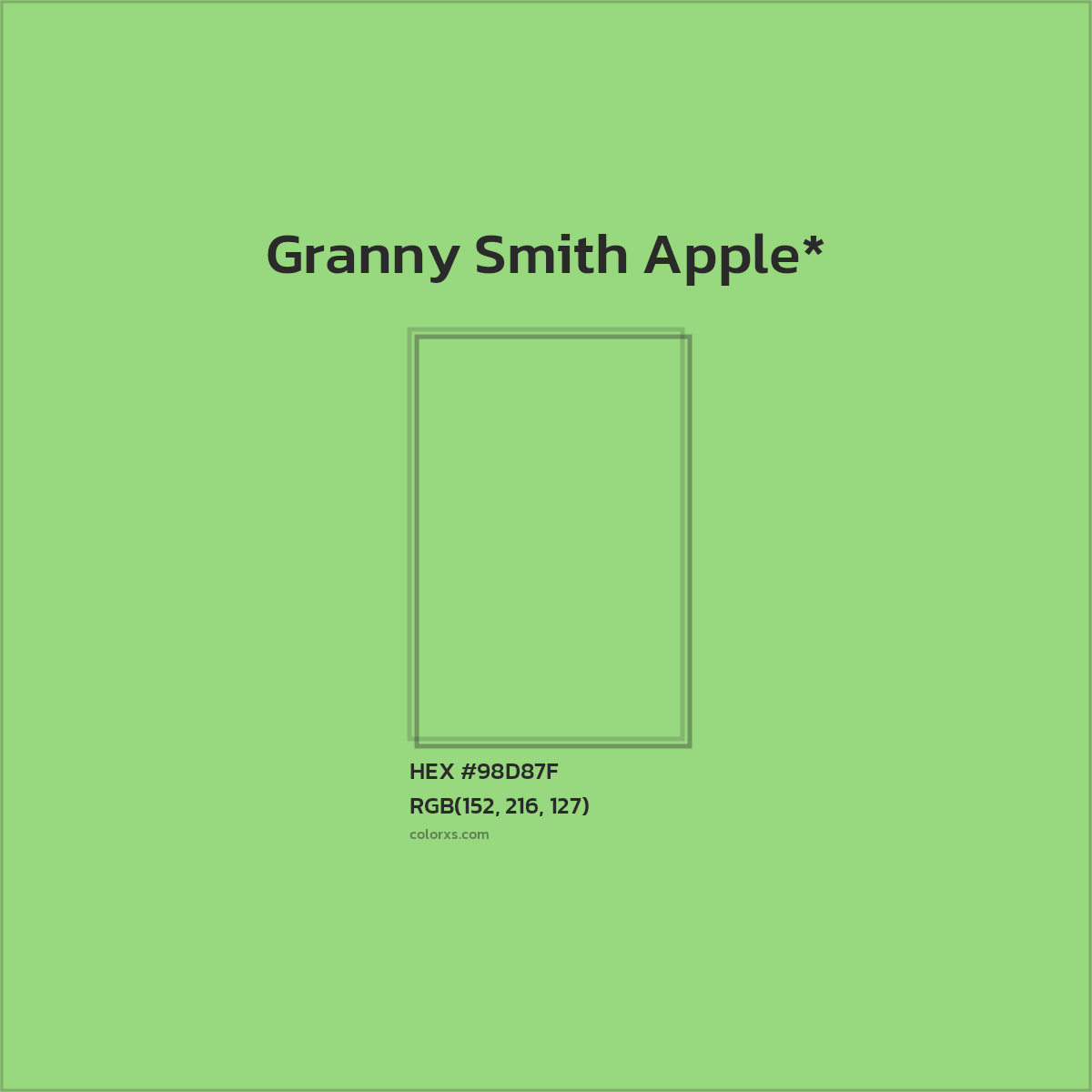 #98D87F hex color. RGB, RYB, CMYK, HSL, HSV codes and color conversions. Matching color names, palettes, paints.