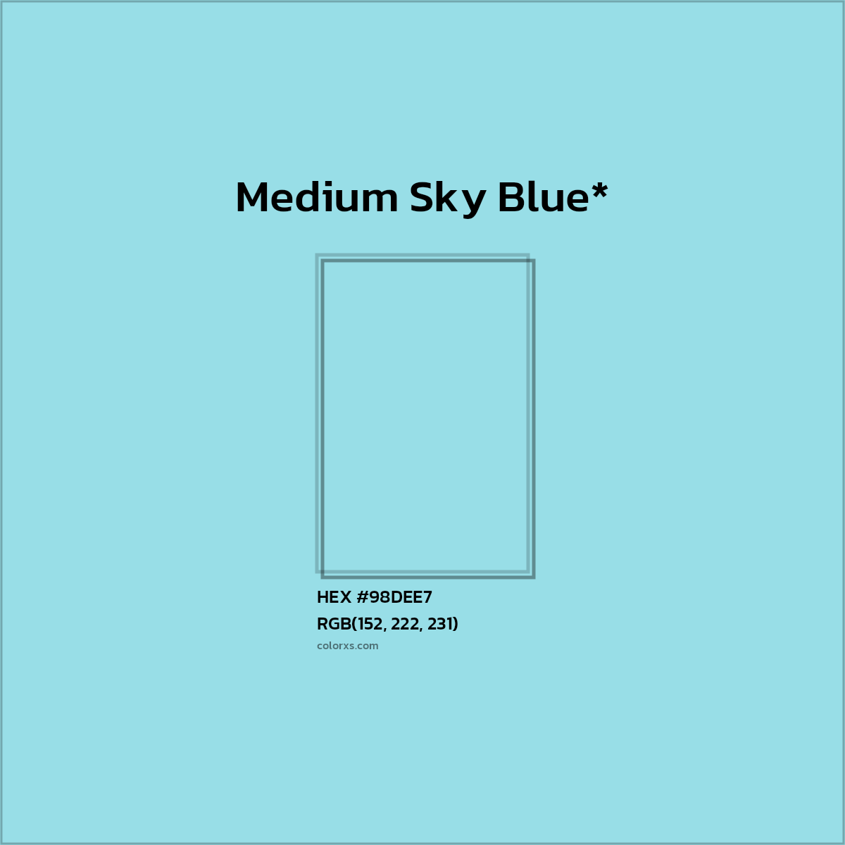 #98DEE7 hex color. RGB, RYB, CMYK, HSL, HSV codes and color conversions. Matching color names, palettes, paints.