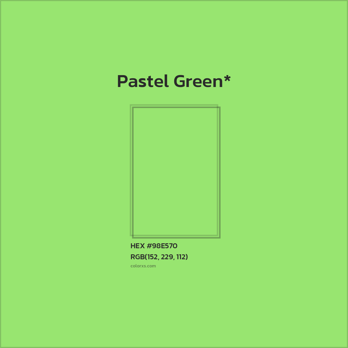 #98E570 hex color. RGB, RYB, CMYK, HSL, HSV codes and color conversions. Matching color names, palettes, paints.