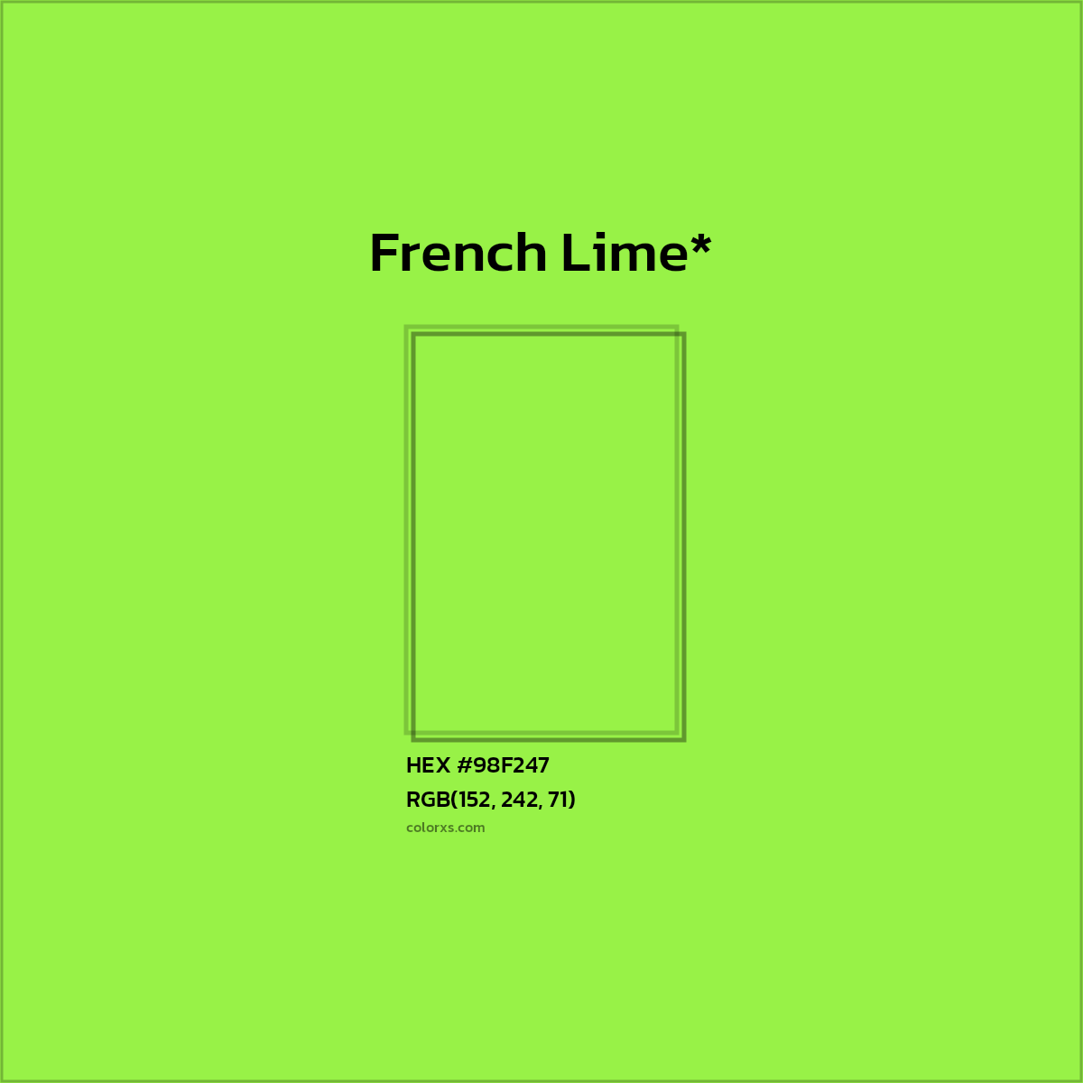 #98F247 hex color. RGB, RYB, CMYK, HSL, HSV codes and color conversions. Matching color names, palettes, paints.