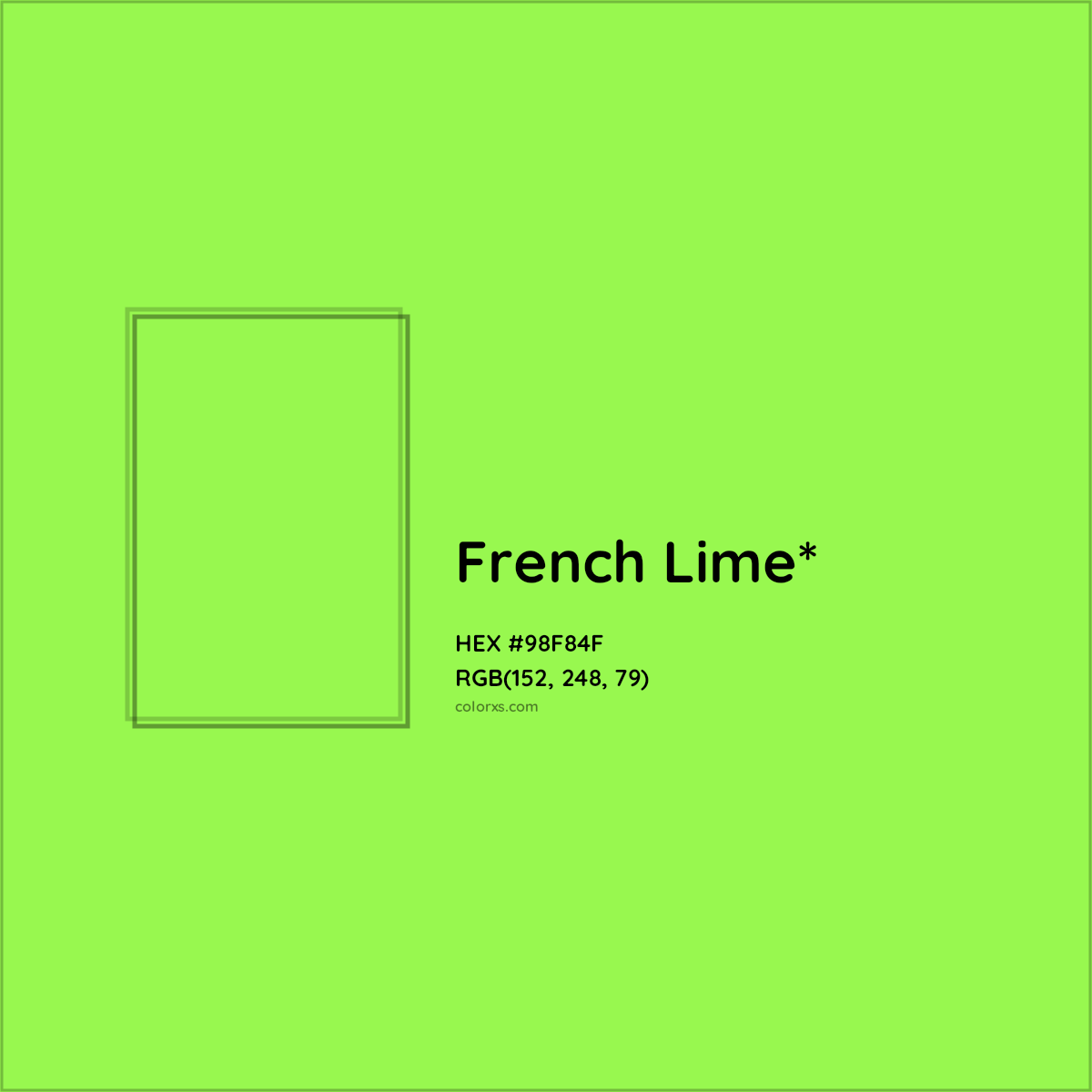 #98F84F hex color. RGB, RYB, CMYK, HSL, HSV codes and color conversions. Matching color names, palettes, paints.