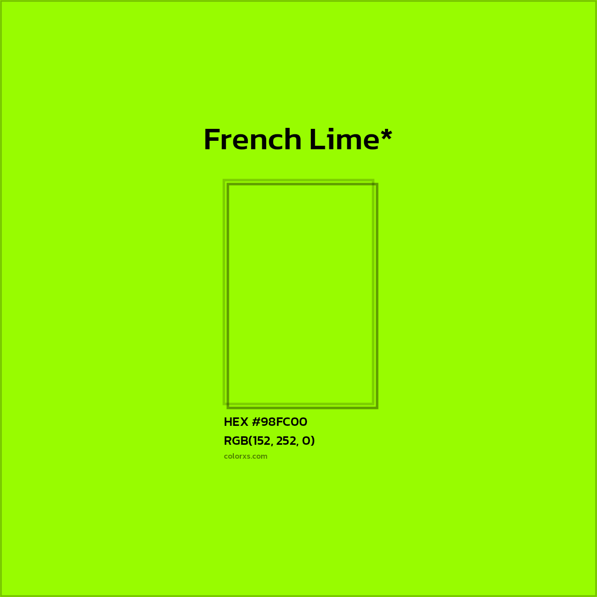 #98FC00 hex color. RGB, RYB, CMYK, HSL, HSV codes and color conversions. Matching color names, palettes, paints.