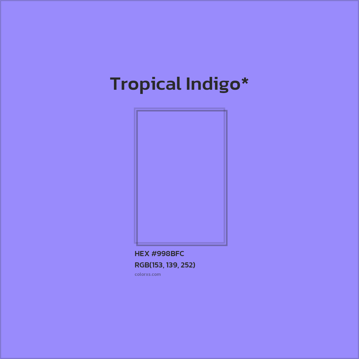 #998BFC hex color. RGB, RYB, CMYK, HSL, HSV codes and color conversions. Matching color names, palettes, paints.