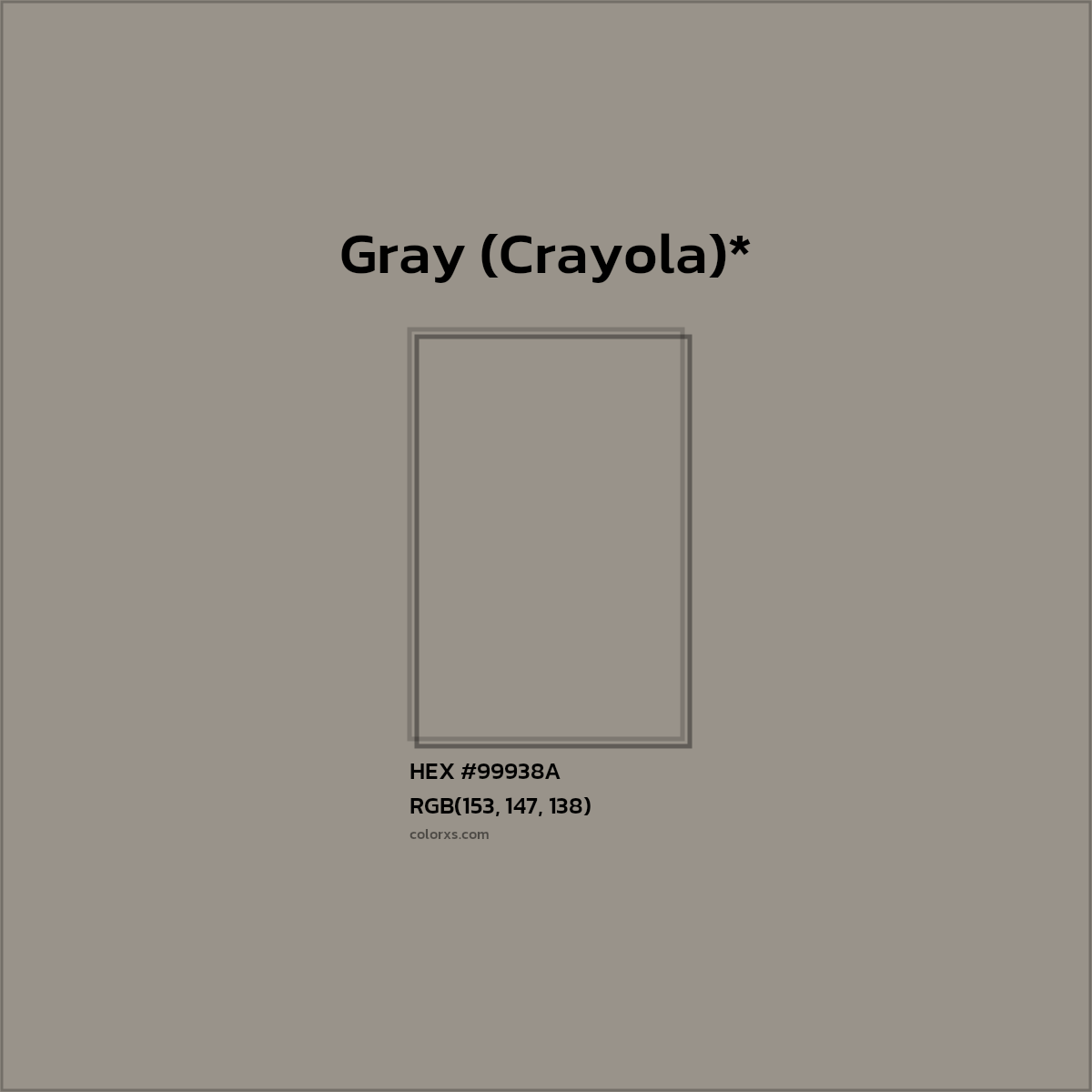 #99938A hex color. RGB, RYB, CMYK, HSL, HSV codes and color conversions. Matching color names, palettes, paints.