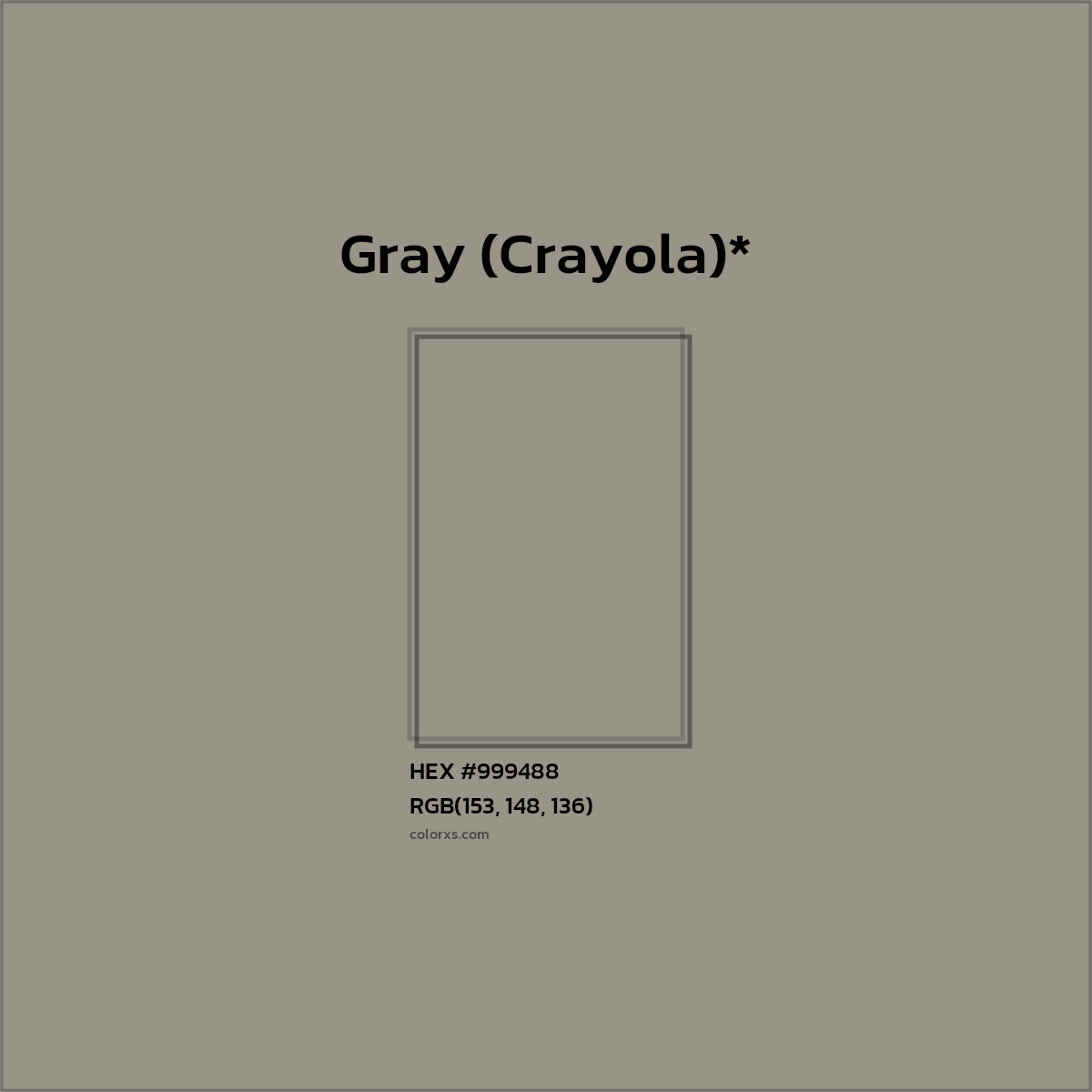 #999488 hex color. RGB, RYB, CMYK, HSL, HSV codes and color conversions. Matching color names, palettes, paints.