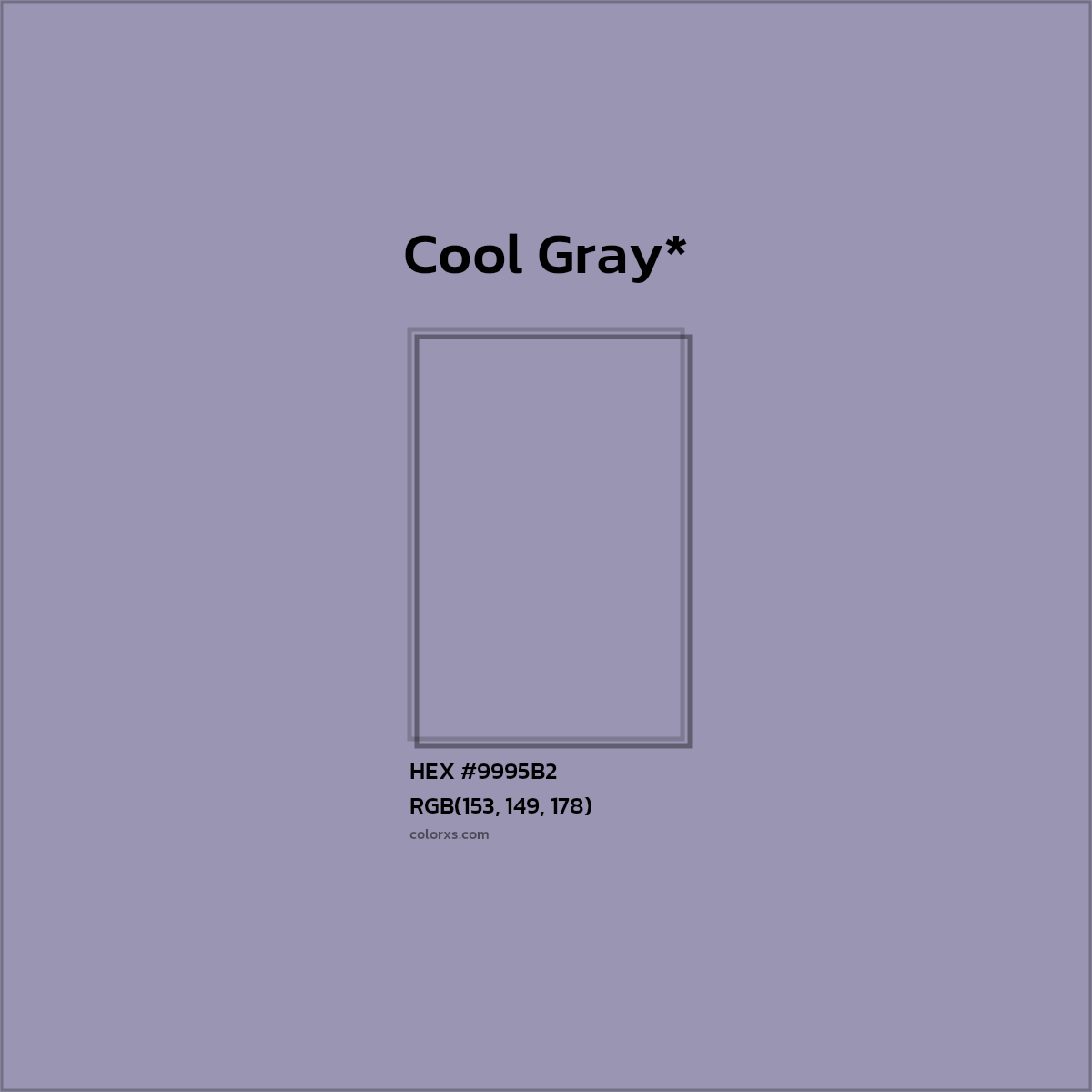 #9995B2 hex color. RGB, RYB, CMYK, HSL, HSV codes and color conversions. Matching color names, palettes, paints.